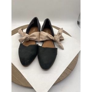 Tom’s Jutti D’Orsay Flats, Black/Pale Pink Bow, Size 7